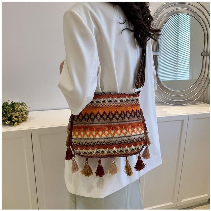 Retro Cross Body Bag Ethnic Tassel Shoulder Bag Large Capacity Tote for Women