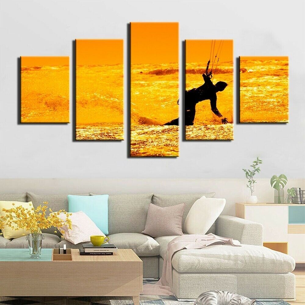 Golden Hour Kite Surfing 5 Piece Canvas Print Wall Art Poster Home Decoration