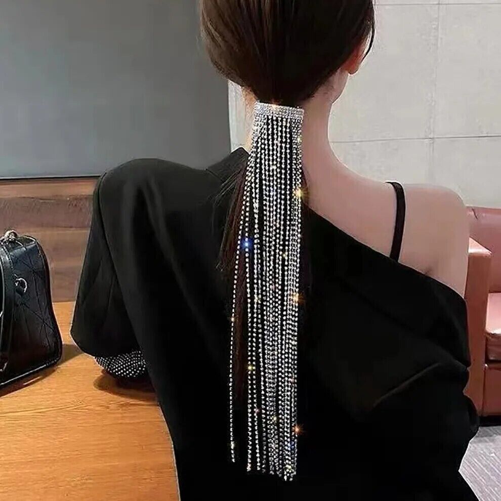 Women Hair Accessories Full Rhinestone Crystal Long Tassel Hairpin Shiny Jewelry