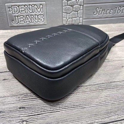 Soft Cow Leather Black Crossbody Chest Bag Hiking Sling Backpack Shoulder Bag