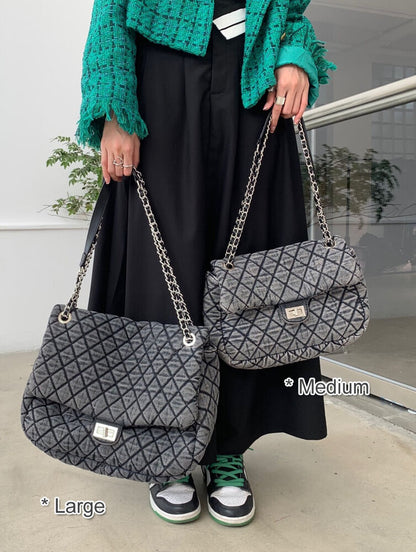 Large Quilted Denim Shoulder Bag Flap Purse Handbag w/ Chains Fashion Hobo Tote