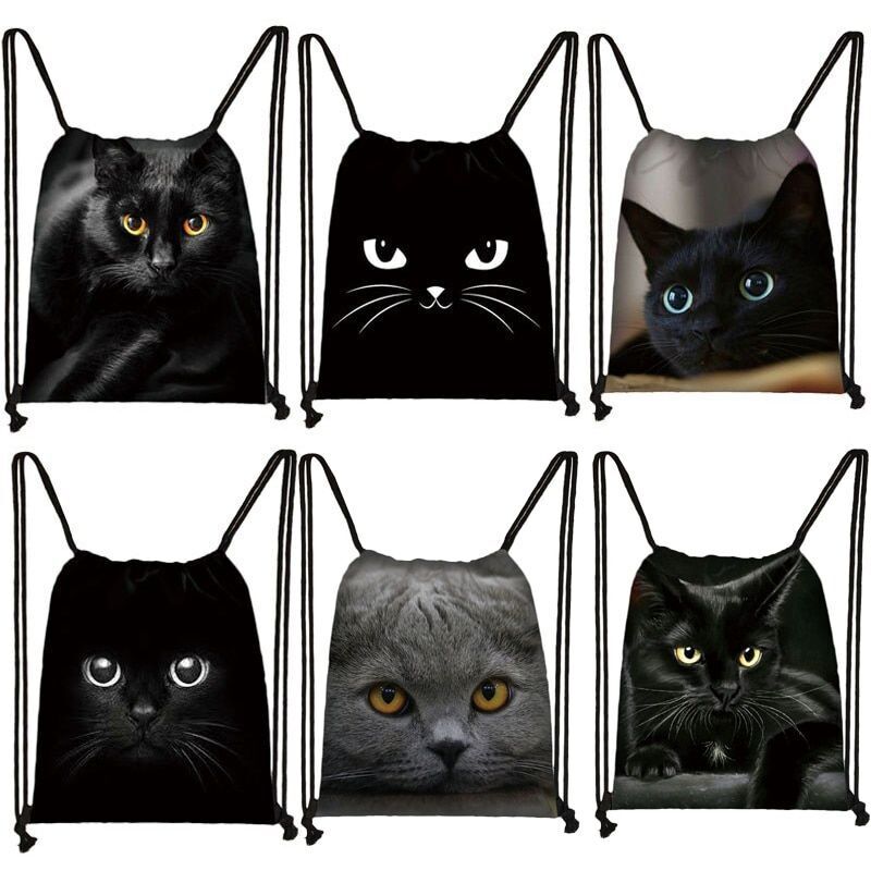 Black Cat Drawstring Bag Women Shopping Purse Canvas Travelling Bag Backpack 1PC