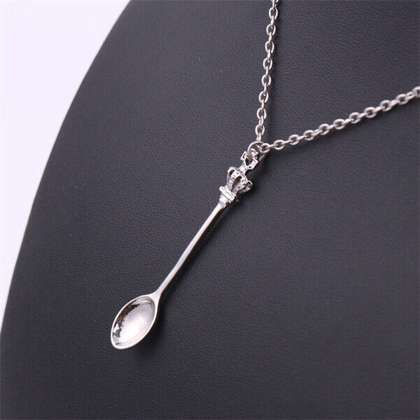 Tiny Silver Tea Spoon Shape Charm Pendant Necklace with Crown - Gift
