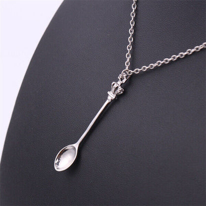 Tiny Silver Tea Spoon Shape Charm Pendant Necklace with Crown - Gift
