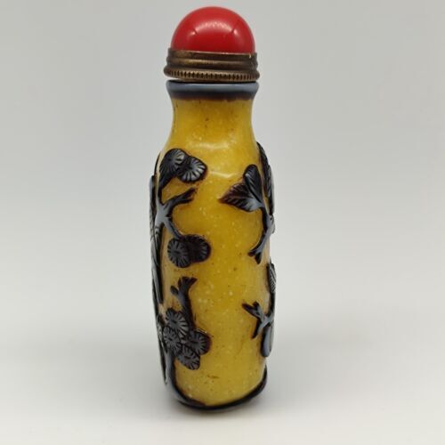 Antique Chinese Old Beijing Glaze Snuff Bottle Carved Flowers And Birds Statue