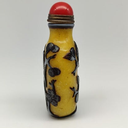 Antique Chinese Old Beijing Glaze Snuff Bottle Carved Flowers And Birds Statue
