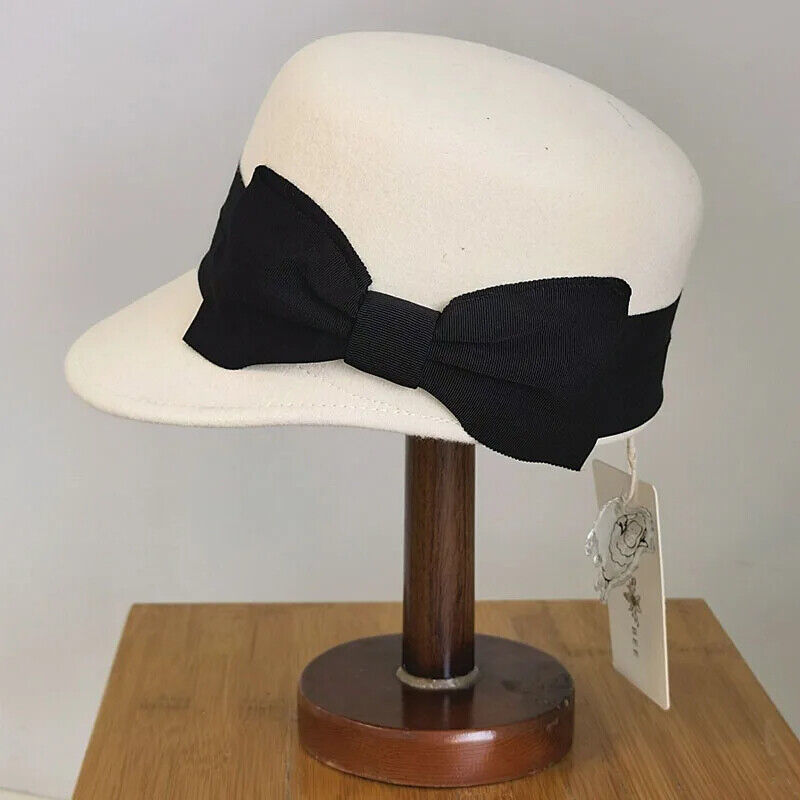 Women Military Caps Winter Wool Fashion Warm Hat W/ Visor Big Bow Snow Ski Beret