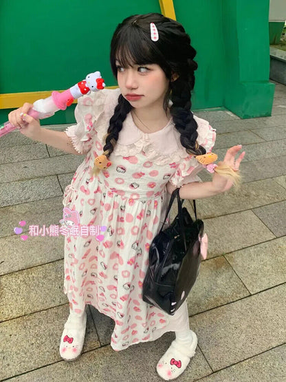 Japanese women's cute pink hello kitty printed dress + lining skirt suit sweet