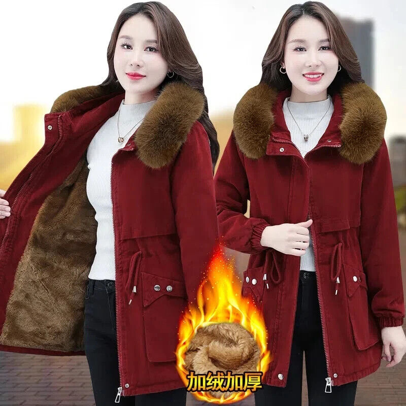 Womens 2023 Winter Padded Coat Plush Fur Collar Thick Down Outerwear