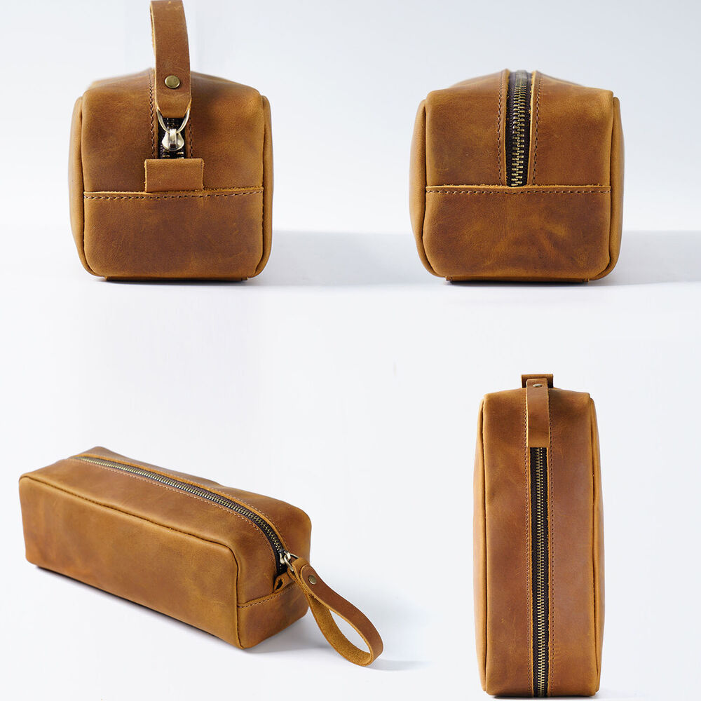 Handmade Cowhide Leather Pen Pouch Zipper Pencil Case Stationery Storage Pen Bag