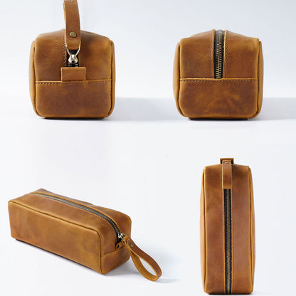Handmade Cowhide Leather Pen Pouch Zipper Pencil Case Stationery Storage Pen Bag