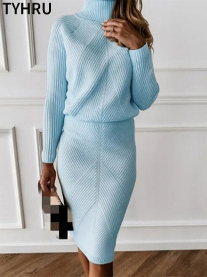 Autumn Women's Turtleneck Pullover Sweater + Slim Skirt Two-Piece Set