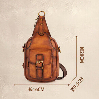 Men's Sling Backpack, 100% Cowhide Leather Vintage Chest Bag Crossbody Daypack