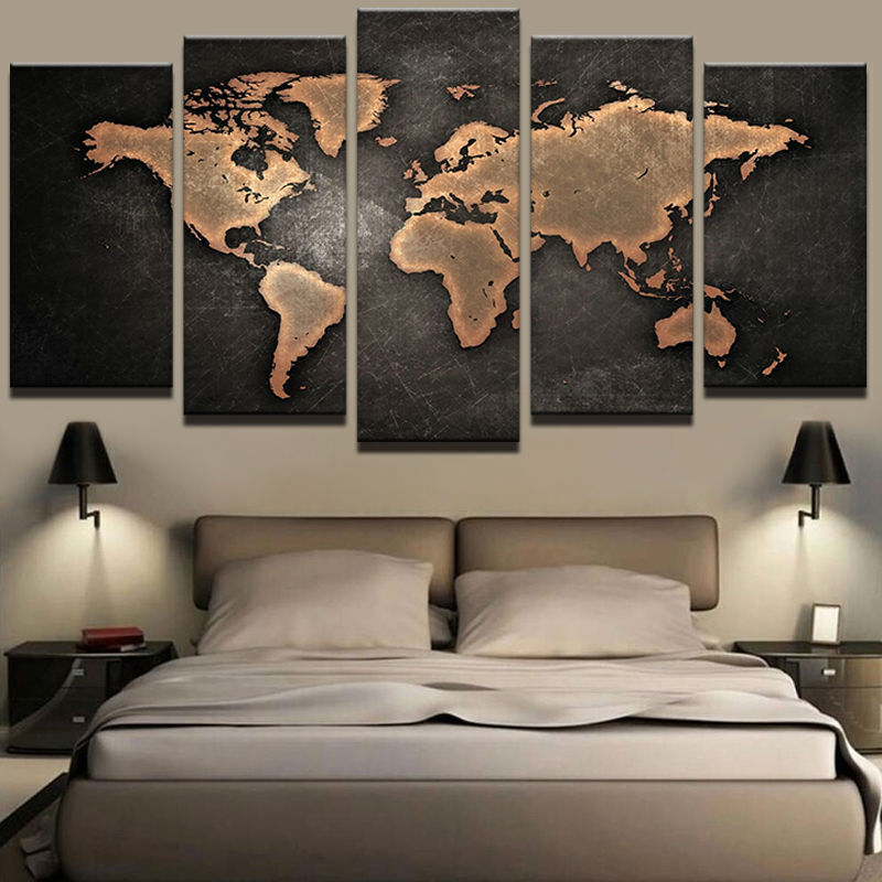 World Map Painting 5 Panel Canvas Print Wall Art Poster Home Decor