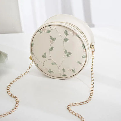 Sweet Lace Round Handbags Synthetic Leather Crossbody Bags Small Flower Chain