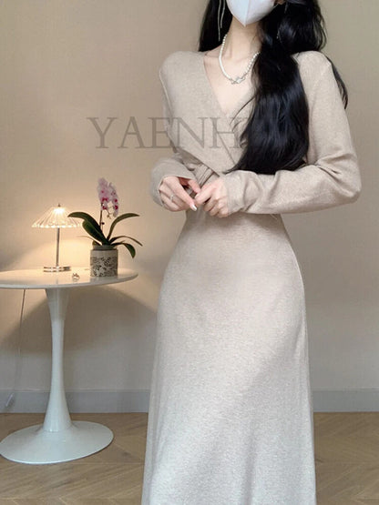 V-neck Sweater Dress Women Party Dresses Female Autumn Winter
