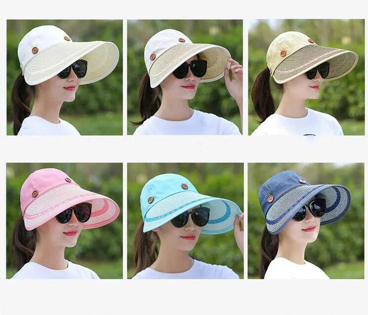 Women Large Brim Floppy Hat Wide Straw Button Caps Summer Beach Sun Visor Hats