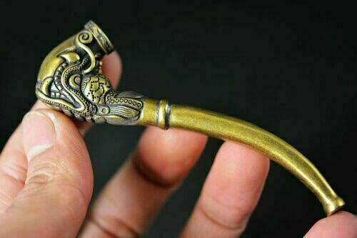Old Chinese Brass hand-Carved Dragon Head Tobacco Pouch Smoking tools