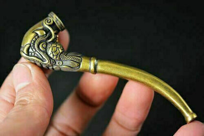 Old Chinese Brass hand-Carved Dragon Head Tobacco Pouch Smoking tools