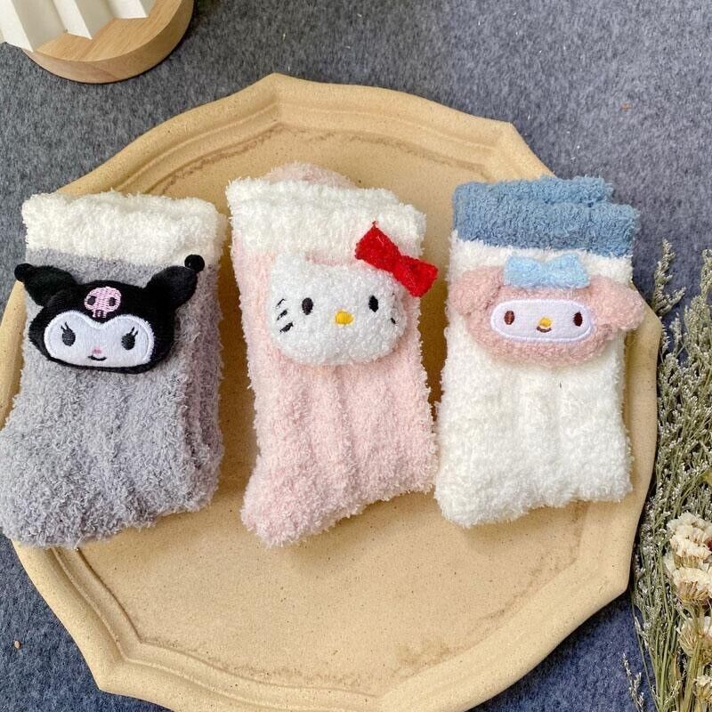 4 Pairs Cute Girl Hello Kittys Kuromi Cinnamoroll Plush Socks Coral Fluffy Socks