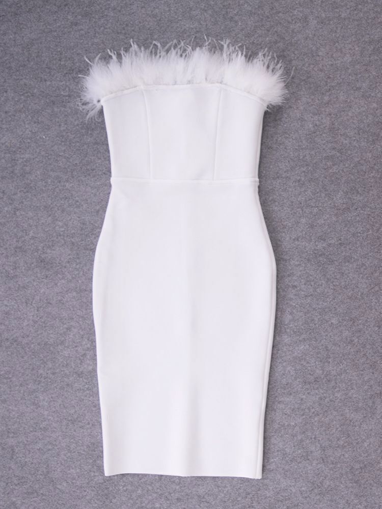White Sexy Feathers Bandage Dresses For Women Pink Bodycon Dress Club