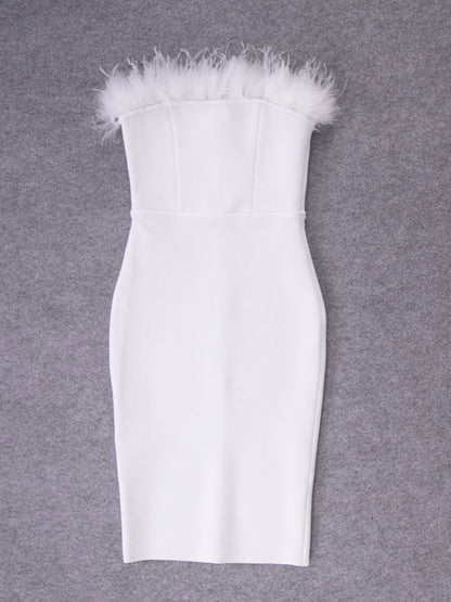 White Sexy Feathers Bandage Dresses For Women Pink Bodycon Dress Club