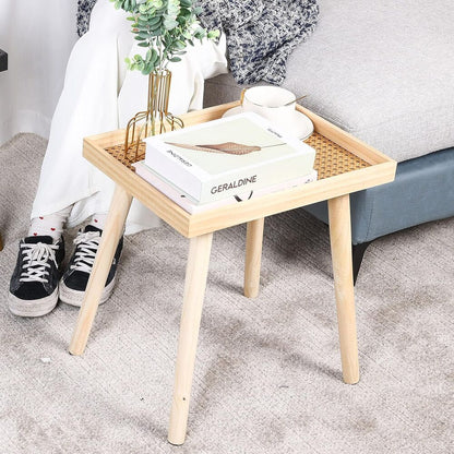 Wooden Rattan Side Table Boho Small Sofa Desk for Living Room Bedroom Home Decor
