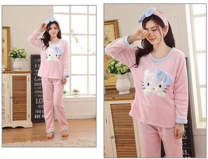 Cute For Hello Kitty Soft Winter Warm Womens Sleepwear Pajamas Set c/w Hairband