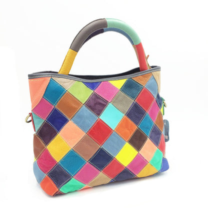 Multicolor Patch Real Leather Raw Edge Tote Shoulder Bag Purse Crossbody Handle