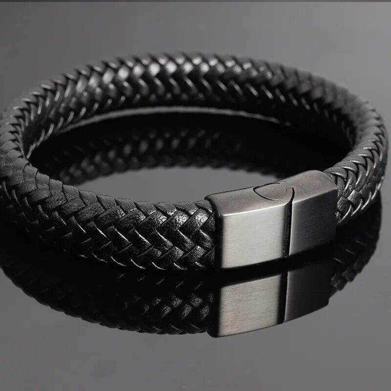 Black Braided Leather Bracelet Stainless Steel Punk Dark Bangle For Men and Wom