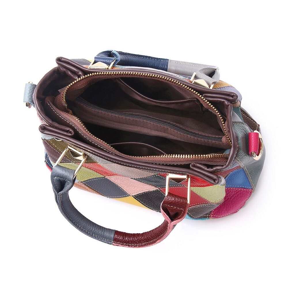 Designer Cow Leather Colorful random Patchwork Handbag Women's Tote Shoulder Bag