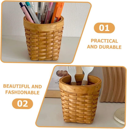 Wooden Pen Holder Woven Flower Arrangement Basket Makeup Brush Holder Desk Gift