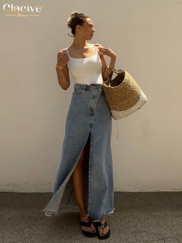 Skirts Women Office Lady Long Skirt Blue Denim Skirt Female Clothing