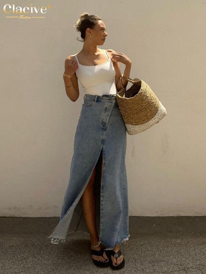 Skirts Women Office Lady Long Skirt Blue Denim Skirt Female Clothing