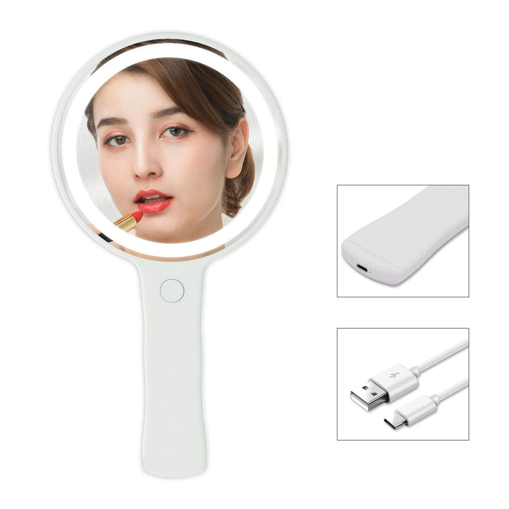USB Makeup Mirror ABS+Glass LED Light Compact Handheld Vanity Round Touch Screen