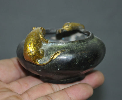 3.2"old China Temple Bronze Gilt Snake Mouse Statue Incense Animal Burner Censer