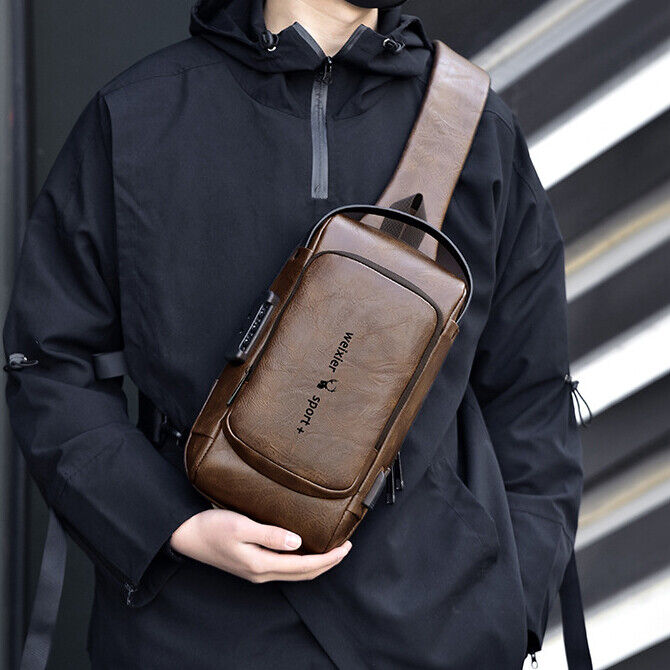 Top PU Leather Men's Crossbody Bag, Password Lock Sling Backpack Casual Daypack