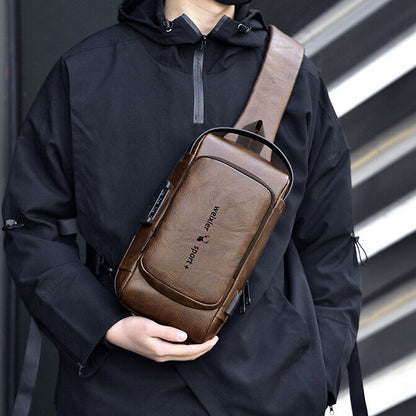 Top PU Leather Men's Crossbody Bag, Password Lock Sling Backpack Casual Daypack