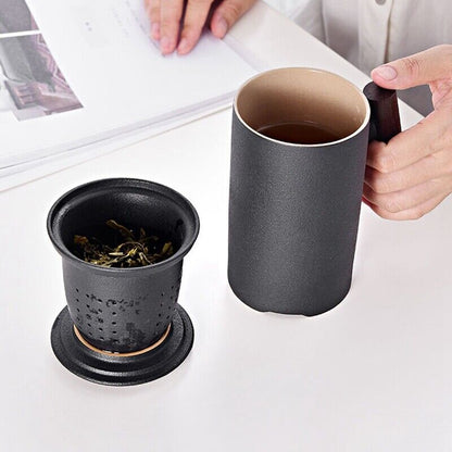 Ceramic Black Tea Mug With Infusion Wooden Handle Tea Cups