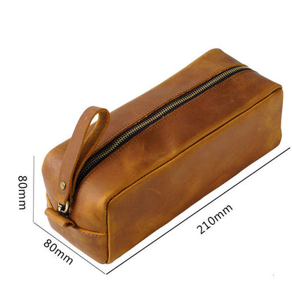 Handmade Cowhide Leather Pen Pouch Zipper Pencil Case Stationery Storage Pen Bag