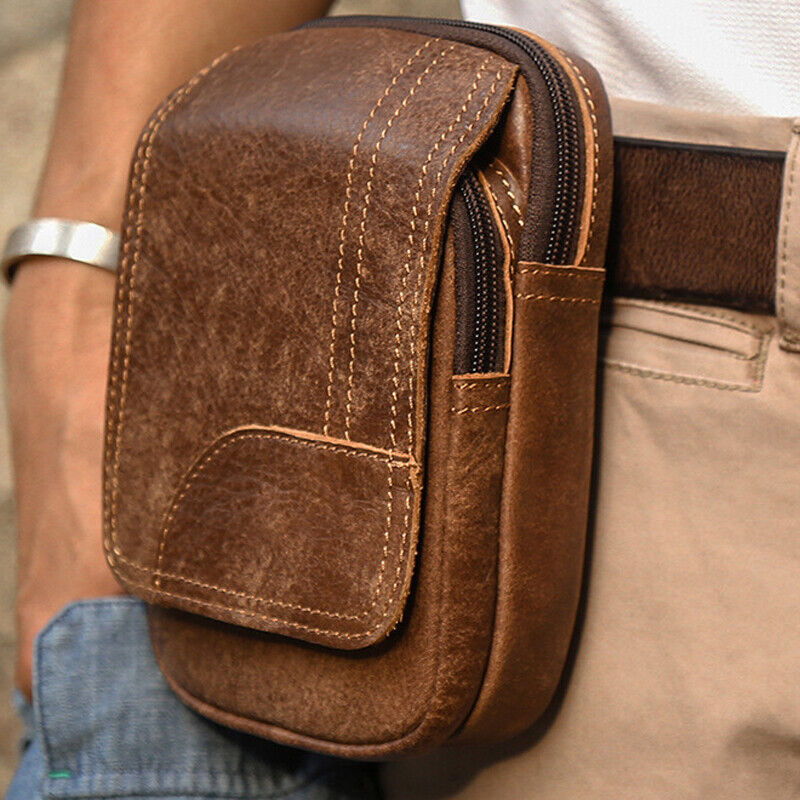 100% Genuine Leather Outdoor Sport Waist Bag Men's Brown Belt Bag & Fanny Pack