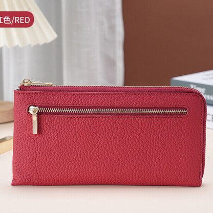 Togo Leather Women's Long Wallet, RFID Blocking Card Holder Zipper Clurch bag
