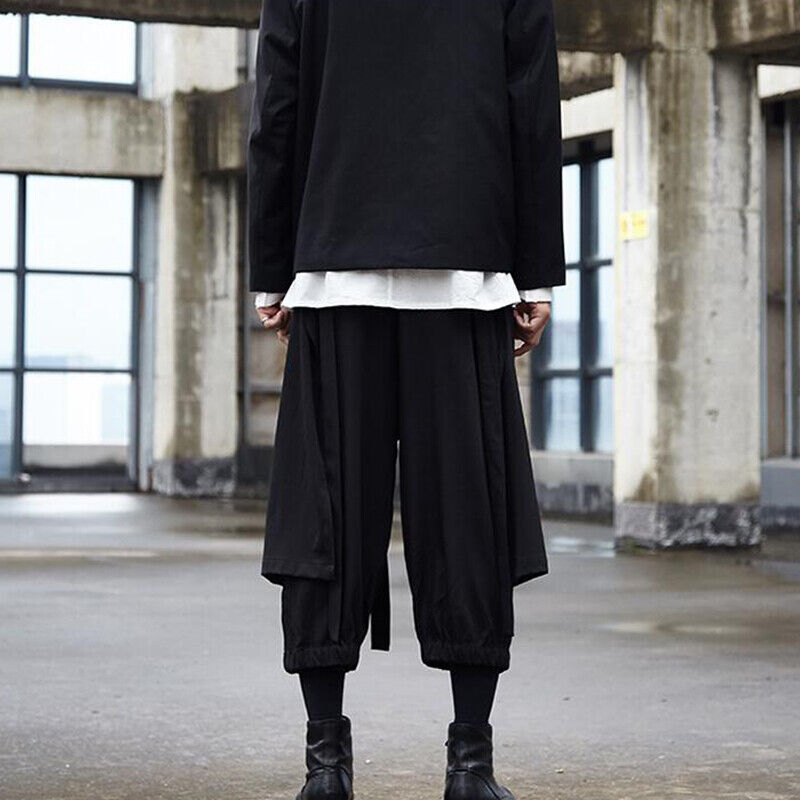 Men Japanese Loose Wide Leg Pants Drawstring Kimono Samurai Baggy Trousers Skirt