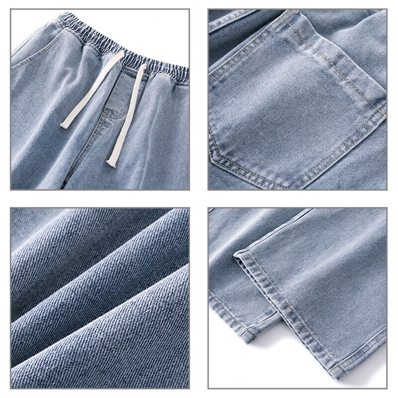 Mens Loose Wide Leg Denim Pants Drawstring Jeans Elastic Waist Baggy Trousers