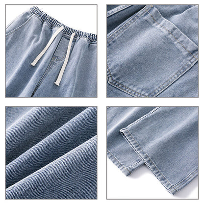 Mens Loose Wide Leg Denim Pants Drawstring Jeans Elastic Waist Baggy Trousers