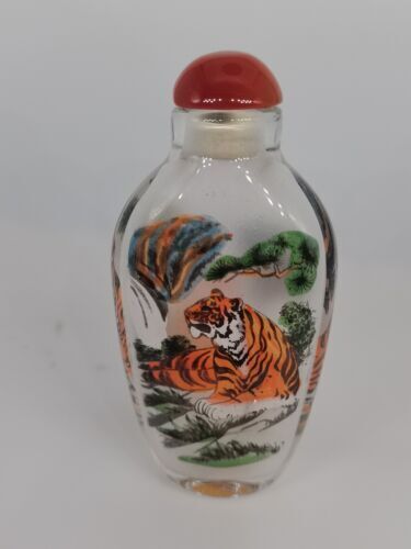 Chinese Old Beijing Glaze Inside Painting Snuff Bottle Painted Tiger Pattern