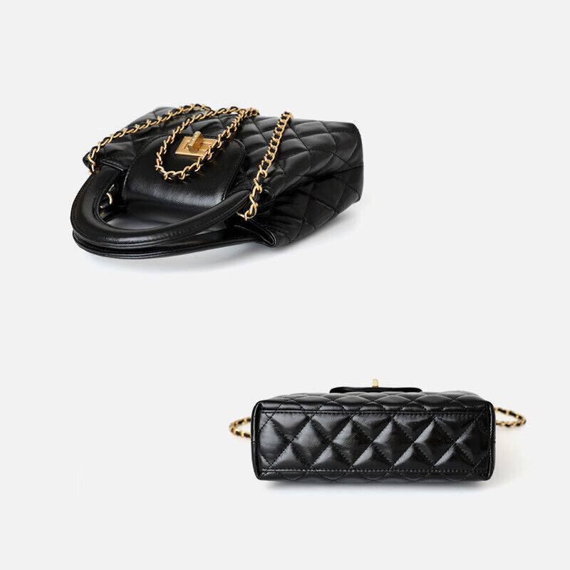 Small Quilted Real Leather Tote Flap Purse Clutch Shoulder Bag w/ Chain Fashion