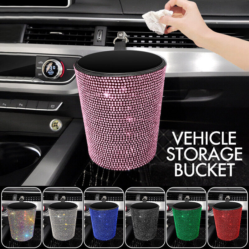 Bling Rhinestones Car Auto Trash Can Garbage Rubbish Bin Dust Case Holder Box