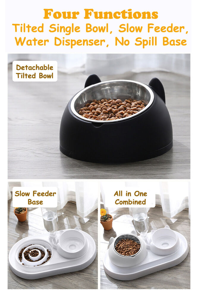 Pet Cat Elevated Stand Cat Dish Stainless Steel Tilted Raised Food Water Bowl