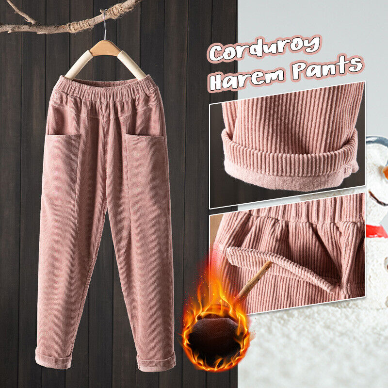 Women Elastic Waist Corduroy Pants Winter Warm Fleece Loose Cargo Baggy Trousers